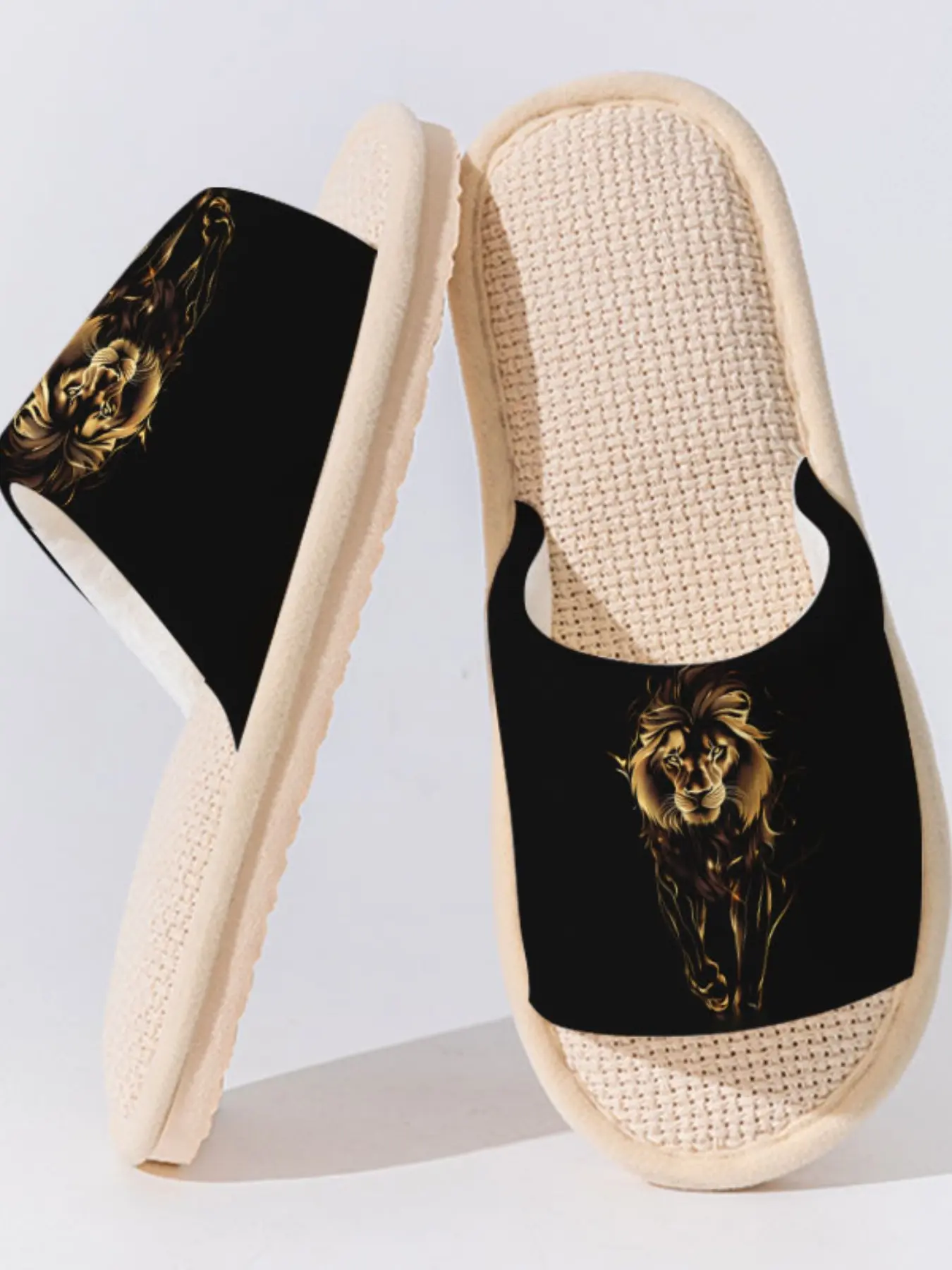 Gold Lion King Linen Slippers, Breathable Anti-Slip Sole, Asymmetrical Design, Casual Home Wear, Bedroom Living Room Shoes