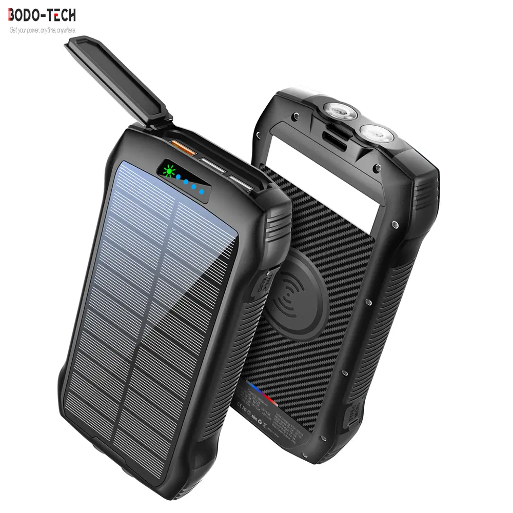 Bodo-Tech 40000mAh Solar Chargeable Power Bank, Mobile Phone Accessory with Built-in Flashlight, Wireless Charging, 3 USB-A Outputs, Type-C/Micro Inputs, 20W PD Fast Charging for Smartphones, Android/iOS Devices, Samsung, iPad, Camping Essentials