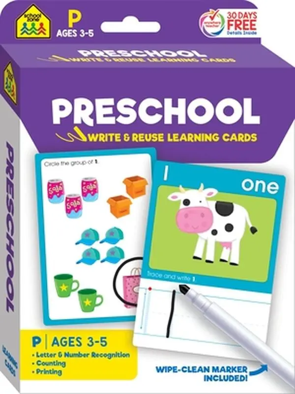 School Zone Preschool Write & Reuse Flashcards - Flashcards Learning Alphabet, Early Math, Reading, Writing Tool to Build Confidence, Strengthen Fine Motor Skills, Master Essential Skills
