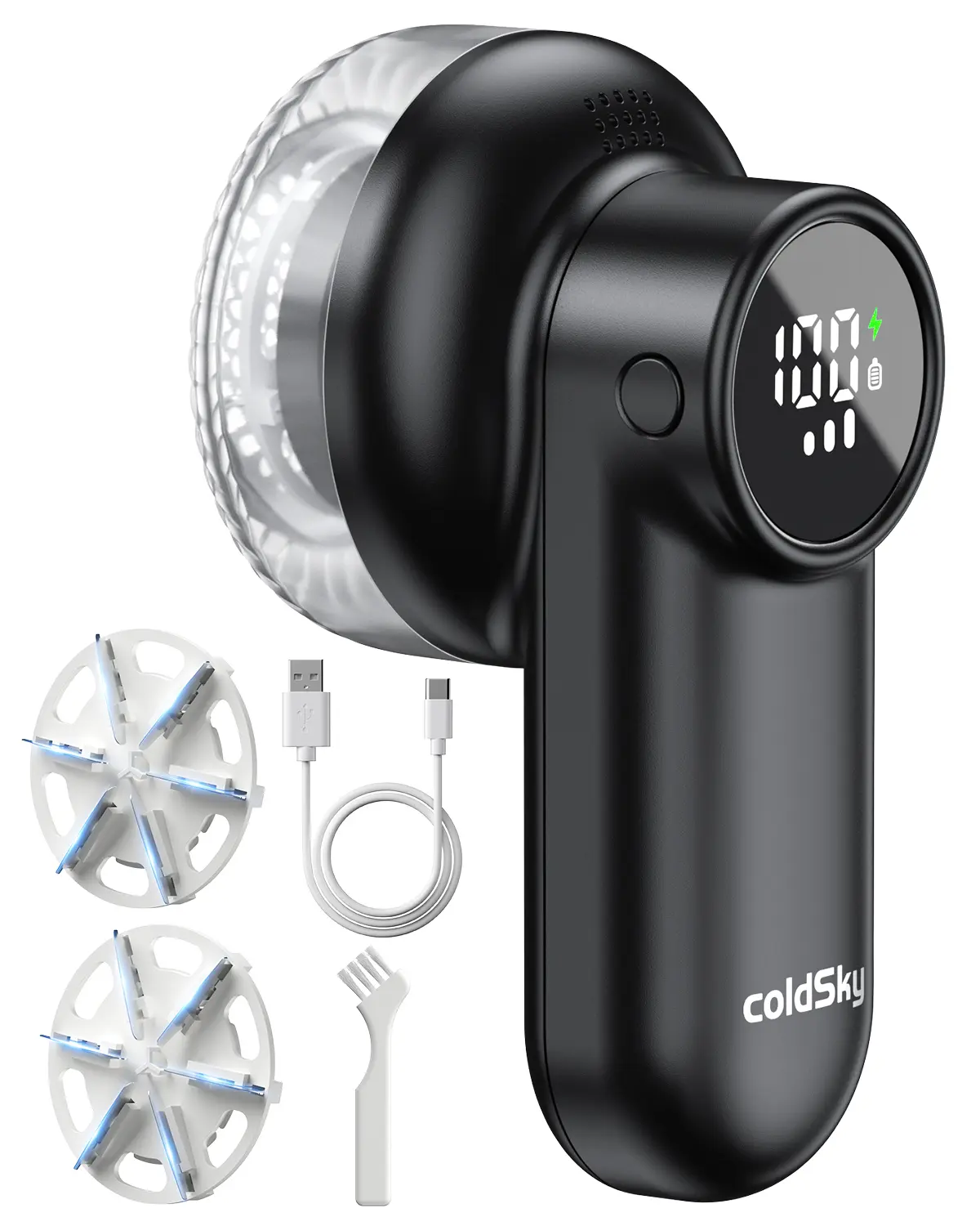 ColdSky Rechargeable Fabric Shaver Defuzzer Lint Remover (Black) - 6-Leaf Stainless Steel Mesh Blades, High Definition Screen, 3-Speeds, Safety Lock, Powerful Motor, Double Cleaning Efficiency, 1h Quick Charge, 3-Size Hole Mesh, Automatic Function