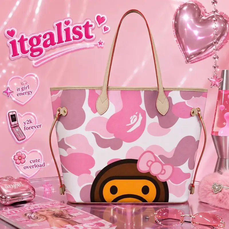 Itgalist Pink Camo Tote Bag with Cute Overload Design and Y2K Forever Theme for It Girl Energy