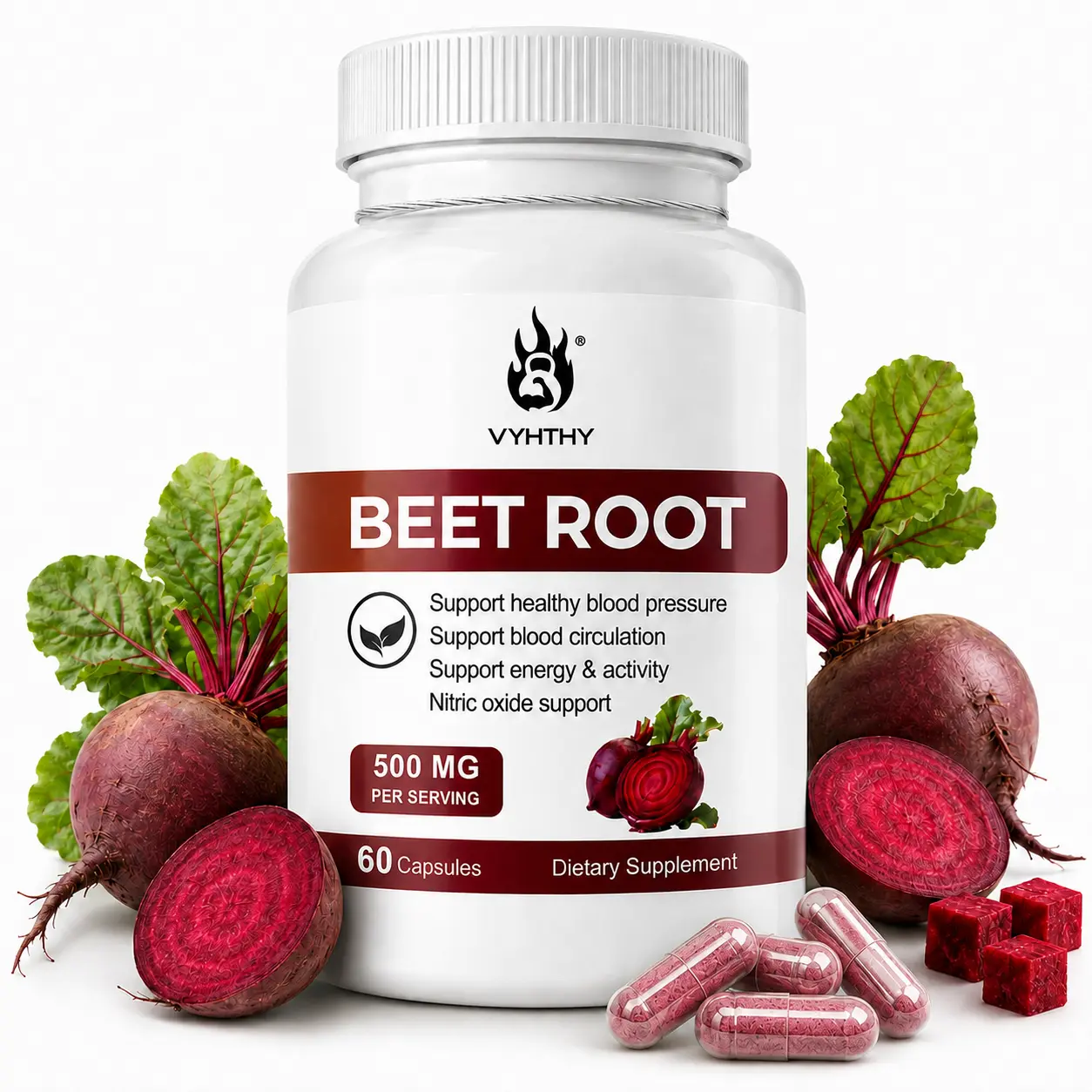 VYHTHY Organic Beetroot Supplements Capsules - 60 Count, Third-Party Tested for Healthy Blood Circulation, Energy Support, Cardio Boost & Synergy Mix