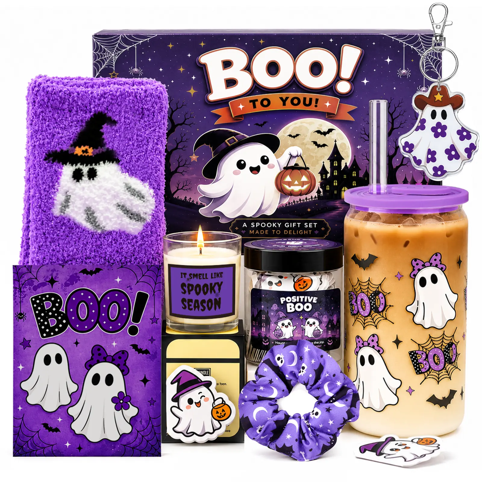 Purple Halloween Boo Basket Gift Set, Cute Ghost Self Care Gift Box with Glass Can Cup, Cozy Socks, Candle, Keychain, Mood Cards & Halloween Accessories for Women