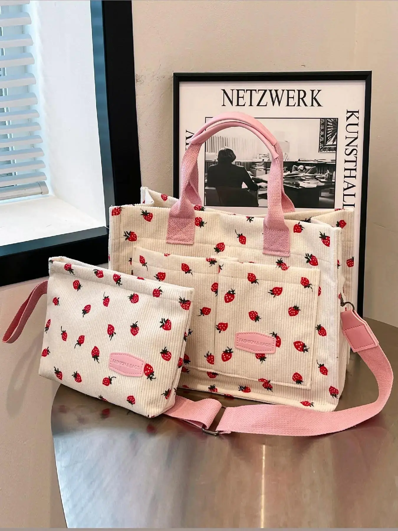 Women's Strawberry Pattern Tote Bag & Purse, Casual Versatile Crossbody Shoulder Bag & Coin Purse, Trendy High-quality Daily Commuting Bag, Fashionable Bag, Fashion Bags