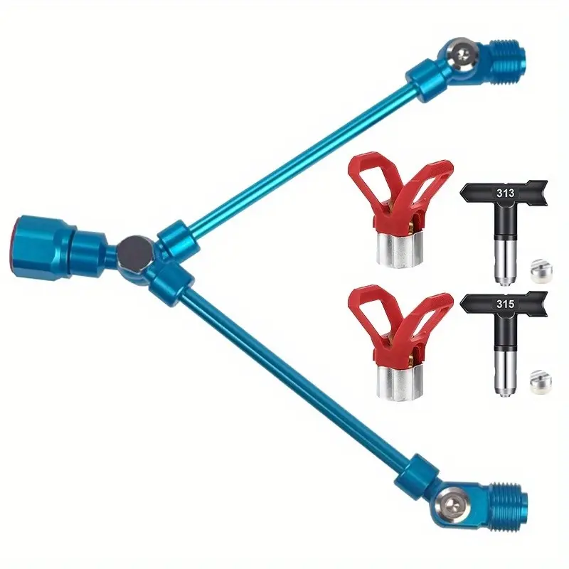 Double Spray Tip Extension Pole 5-Piece Set, includes 2 reversible Spray Nozzle Tips (313, 315) and 2 red protective guards, suitable for airless paint sprayers, painting, latex and other coatings, Nozzle Sprayer Attachments