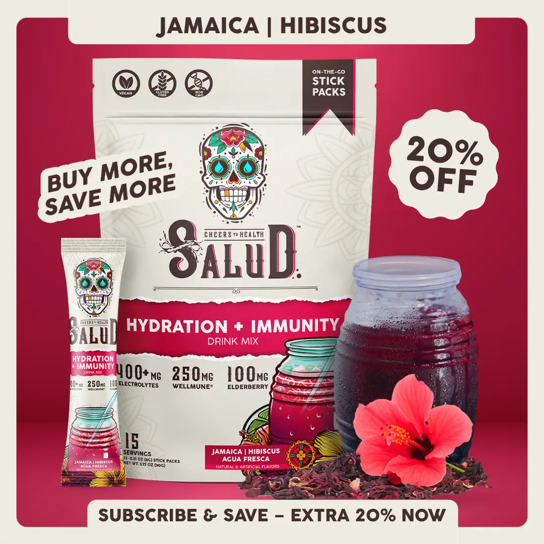Salud 2-in-1 [Hydration + Immunity - Jamaica | Hibiscus] 400mg Electrolytes, 250mg Wellmune, 100mg Elderberry, Dairy & Soy Free, Non-GMO, Gluten Free - Healthcare, Vitamin (15 Servings)