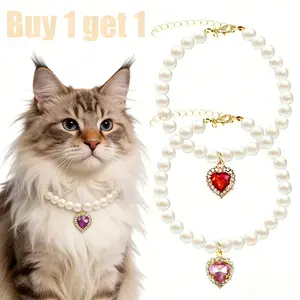 2-Pack Adjustable Pearl Cat Collar with Heart Rhinestone – Cute Pet Necklace for Weddings, Parties, and Birthdays, a Must-Have for Cat Lovers.