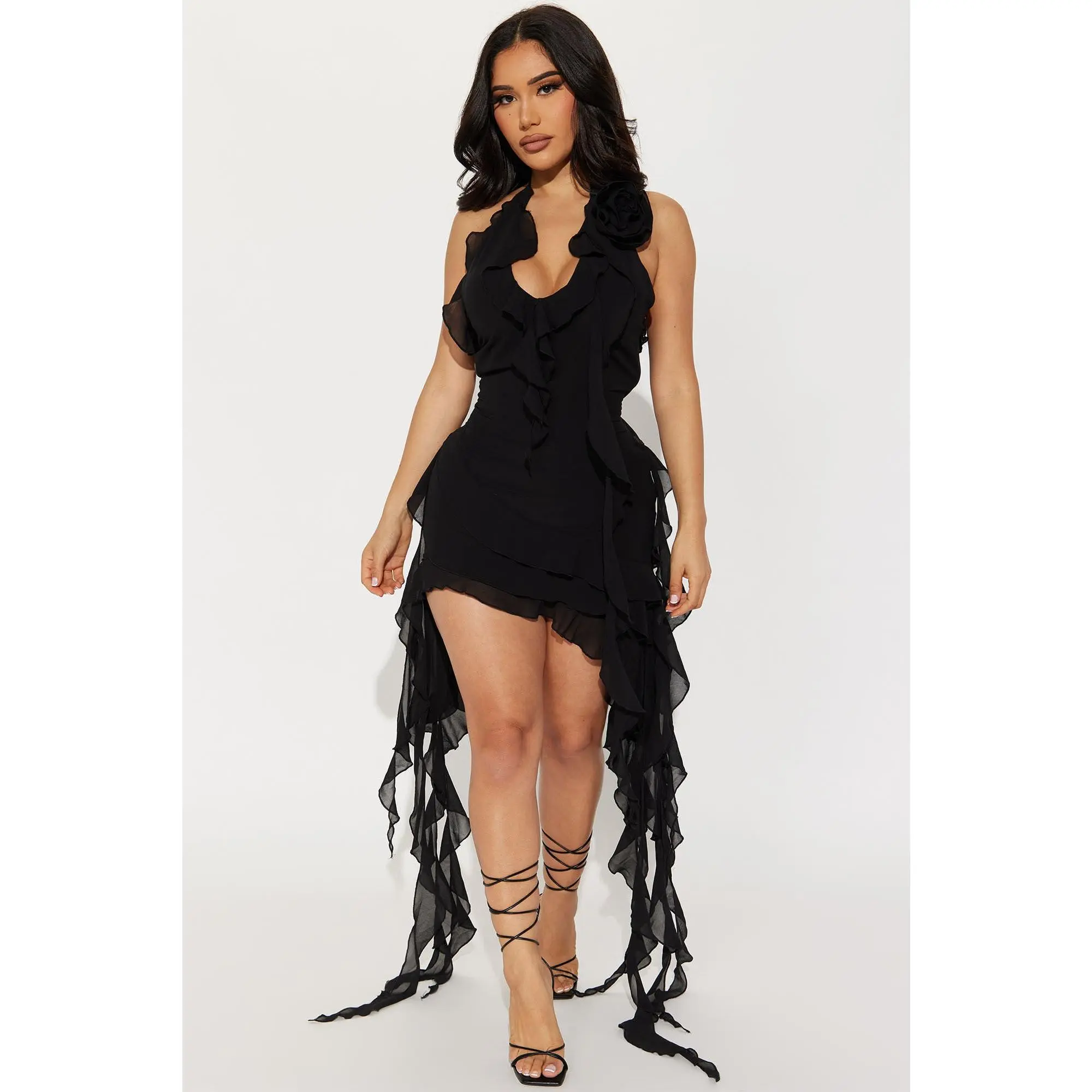 Ruffles and Roses Midi Dress - Black