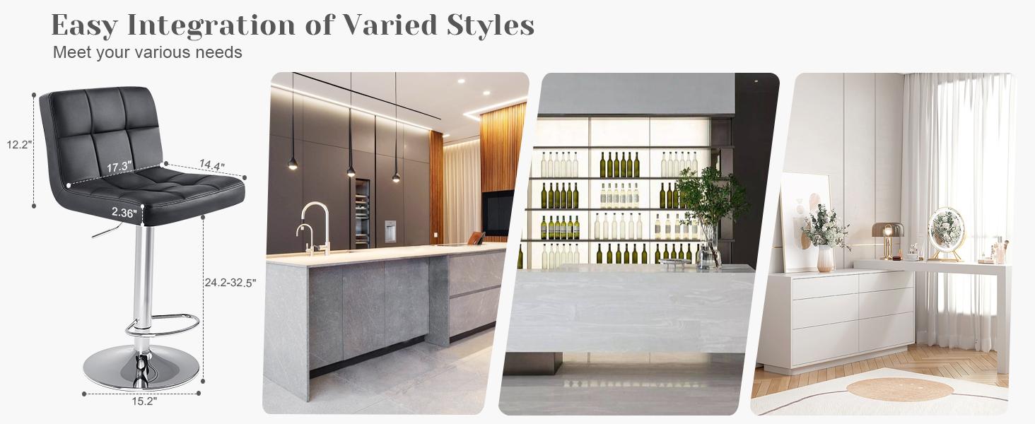 Swivel Barstools Set of 2 in PU Leather with Hydraulic Lift, Kitchen Counter Height Stools Featuring Thickened Seat Cushions and Back