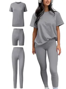 Casual Sportswear 3-Piece Set High Waist Tight Pants Yoga Pants Short Sleeved Round Neck Yoga Set in Super Soft 90% Polyester 10% Elastane Material
