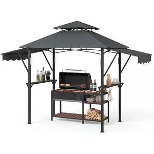 8x5 Ft Grill Gazebo, 2-Tier BBQ Shelter with Adjustable Dual Side Awnings and 2 Shelves Hooks 4 LED Lights, for Camping, Picnic, Barbecue party