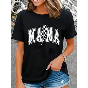 Women's Short-Sleeve Casual Mama Lightning Bolt Checkered Varsity Mom T-Shirt for Mother's Day, Shortsleeve