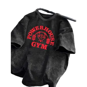 Men'S Heavyweight T-Shirt - 100% Vintage Washed Gym |   Loose Fit, Wide Shoulder Sleeves, Gorilla World Gym & Powerhouse Gym Graphic Print