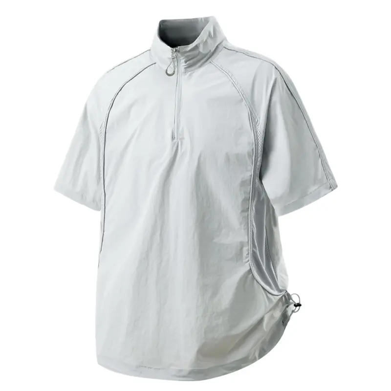 Men's Summer Half Zip Stand Collar Outdoor Quick Dry Short Sleeve Top, Raglan Seam Design, Side Mesh Splicing, Adjustable Hem Drawstring, Lightweight Breathable Fabric, Techwear For Hiking Camping & City Outdoor Activities #SummerWins, Activewear Clothing