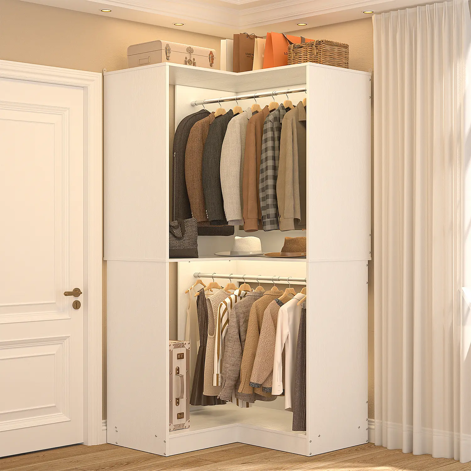 Corner Closet System with 2 Hanging Rods, Sturdy L-Shaped Walk-in Closet Organizer System Wardrobe Clothes Rack with Storage Shelves,Easy to Assemble, Closet Organization, Vertical Storage Solutions