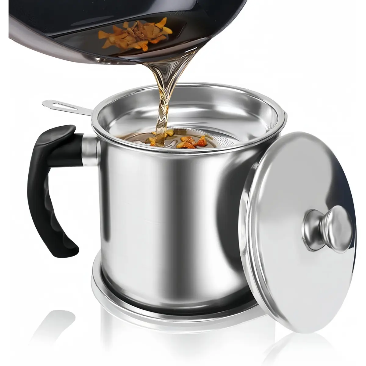 Stainless Steel Bacon Grease Container with Strainer, Filter, Curved Handle & Unique Beak Pouring Design - 1.3L (46 fl. oz.) Durable Kitchen Cooking Accessories, Non-Slip Coaster Tray for Keto Diet Meat Frying Oil Storage