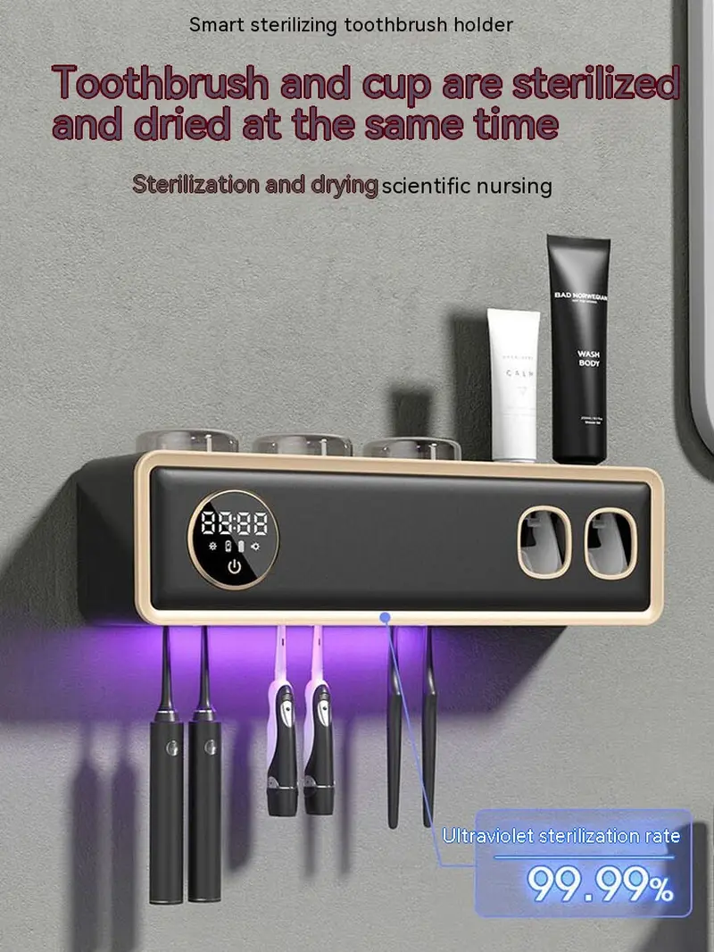 All-in-One Wall-Mounted UV Toothbrush Sterilization & Disinfectant With Drying Intelligent, Dual Toothpaste Dispenser, & 3-Cup Set