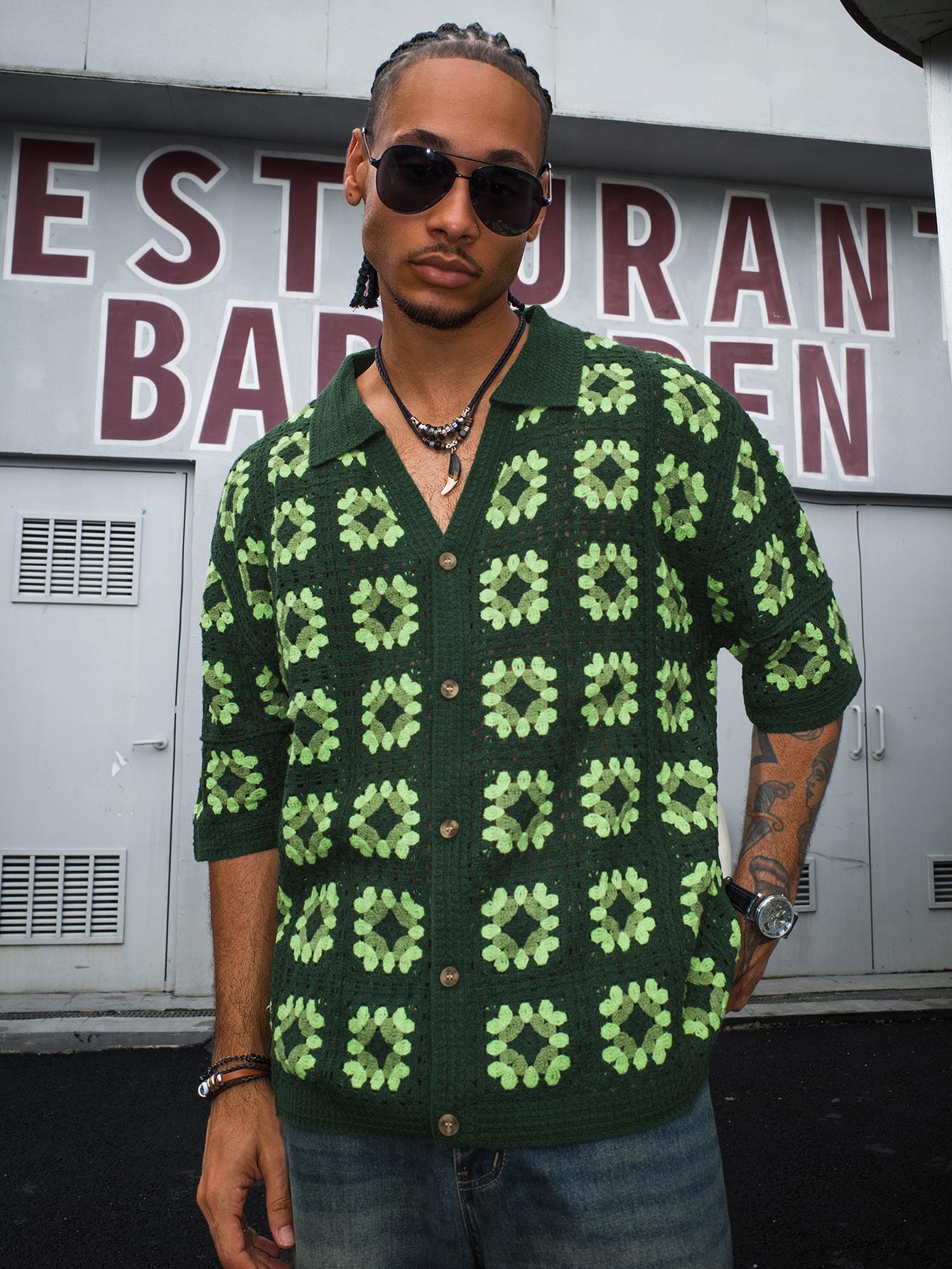 Men's Summer Cool Knitted Short-Sleeve Spring Shirt, Off-White Bohemian Style Vacation Casual Loose Lapel Button-Down Open Placket Print