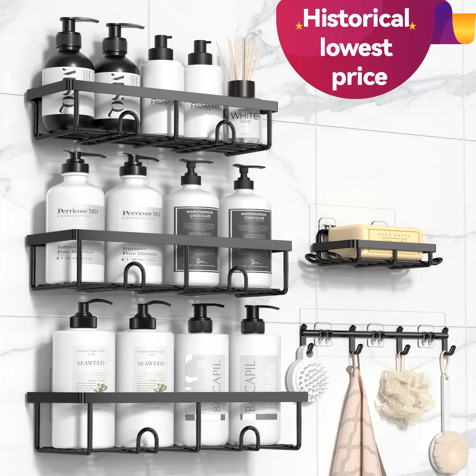 YASONIC  Shower Caddy, 2/5/6 Pack Black bathroom accessories, wall organizer, No Drill Bathroom Shower Organizers With Removable Hooks, Rust Proof Shower Shelves For Inside Shower, free wall mountshower organizer summerwins,home essentials