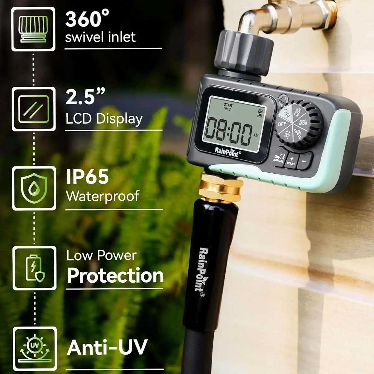 RainPoint Outdoor Programmable Garden Hose Faucet Timer - Automatic Plants Watering Tool with Digital Display, Simple Visual Controls, Manual Rain Delay, 180PSI High Pressure, Leakproof, Freeze-Proof, Waterproof, Anti-UV Housing, Safety Protection System