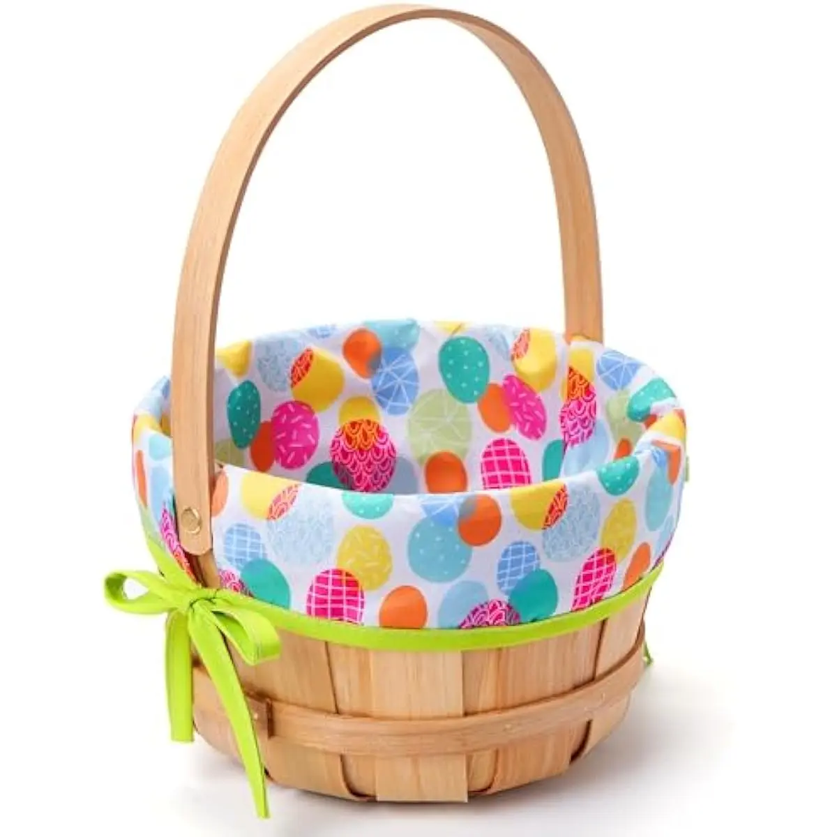 Easter Wooden Basket with Liner, Portable Wood Buckets with Folding Handle, Easter Eggs Candies Party Favor Storage Container, Empty Gift Basket for Egg Hunt, Kids Party Treats & Picnic