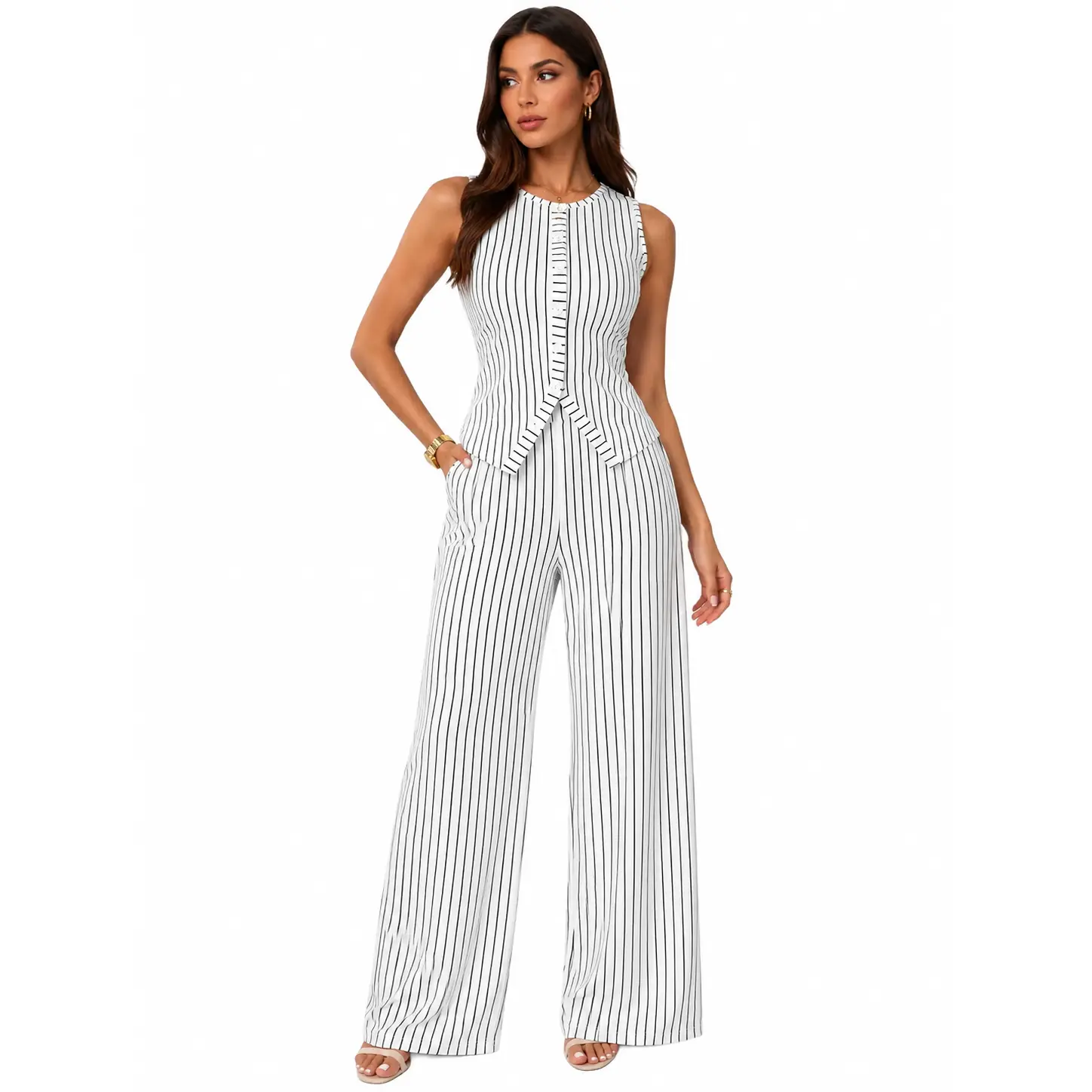 Women's 2-Piece Fitted Business Sports Clothing Set - Sleeveless Buttoned Layer-friendly Vest, High Waist Straight Pants, Round Neck Comfy Office Outfit