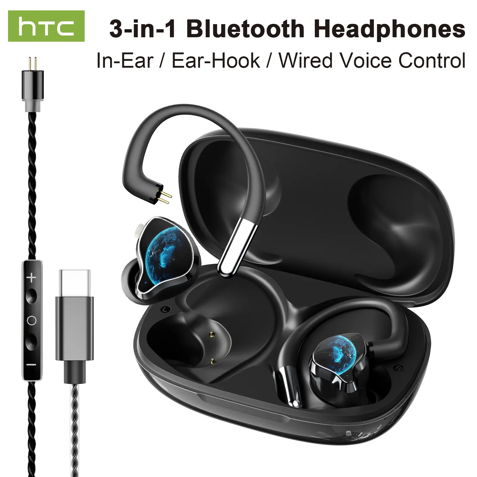 HTC NE81 3-in-1 Bluetooth Earbuds - Electronic Audio In-Ear/Ear-Hook Wireless Headphones, Wired Voice Control, Voice Changer, Hi-Fi Sound, Lightweight Portable for Singing, Live Streaming