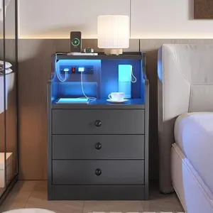 Sikaic LED Nightstand With Hutch Drawers Charging Station Furniture Home Table Tabletop Design