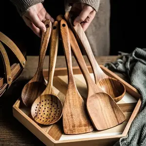 Wooden Cooking Utensils Set, 5 Counts/set Non-stick Cooking Utensils, Kitchen Utensils Set for Home Use, Household Kitchen Products, Wooden Cooking Tools, Wooden Spatulas