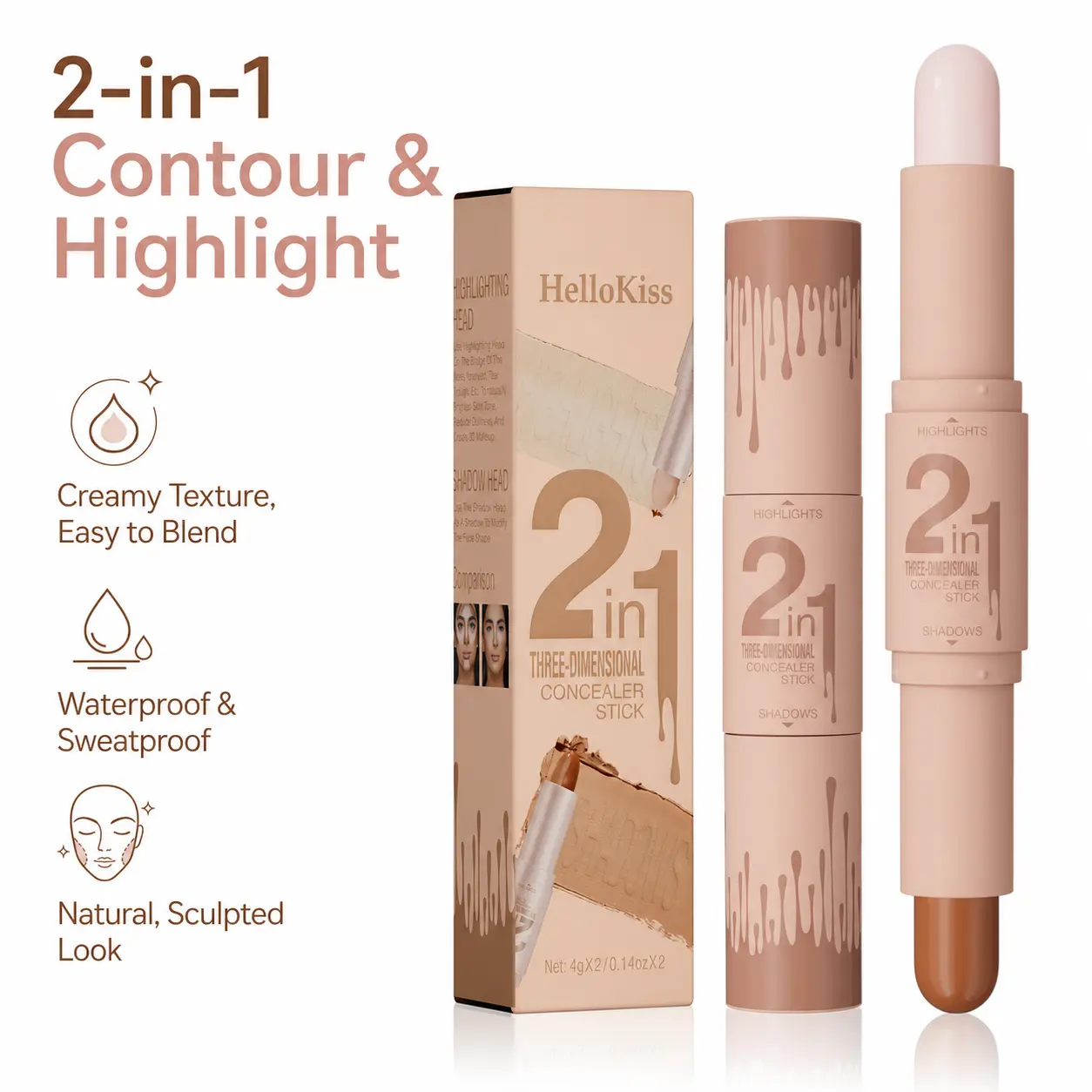2-in-1 Cream Contour Highlighter Stick - Blendable Sculpt Bronzer Glow Stick, Compact Pearl Finish, Natural Look for Snatched Daily Makeup, All Skin Tones, Cruelty-Free Cosmetic (Light Beige + Light Brown#01, Dark Brown), Beauty Products