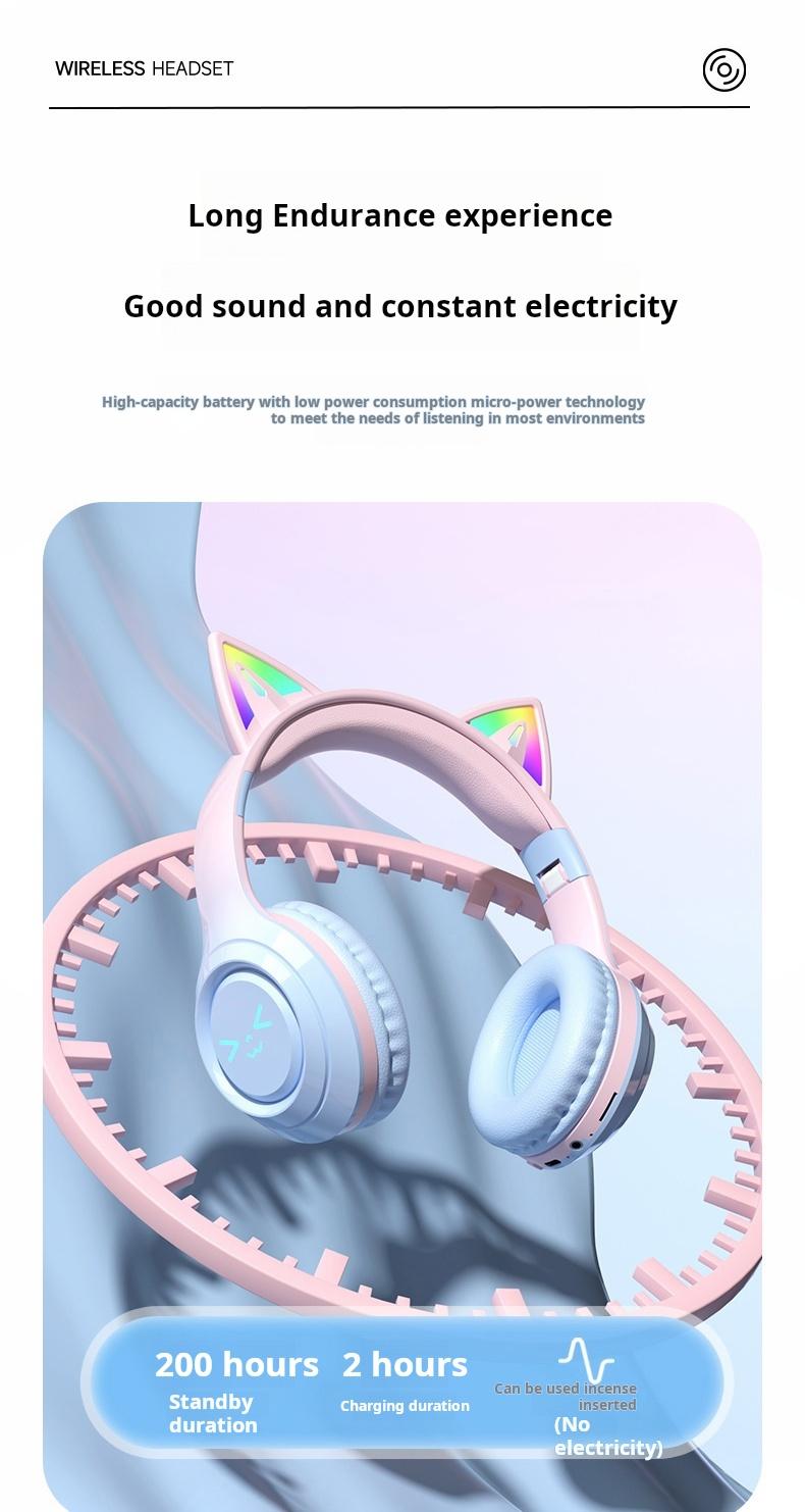 Wireless Bluetooth Cat Ear Headphones LED Light Up Foldable Over Ear with Built in Microphone Long Battery Life for Phone Tablet iPad Laptop Computer Cute Gift for Kids Teens and Adults