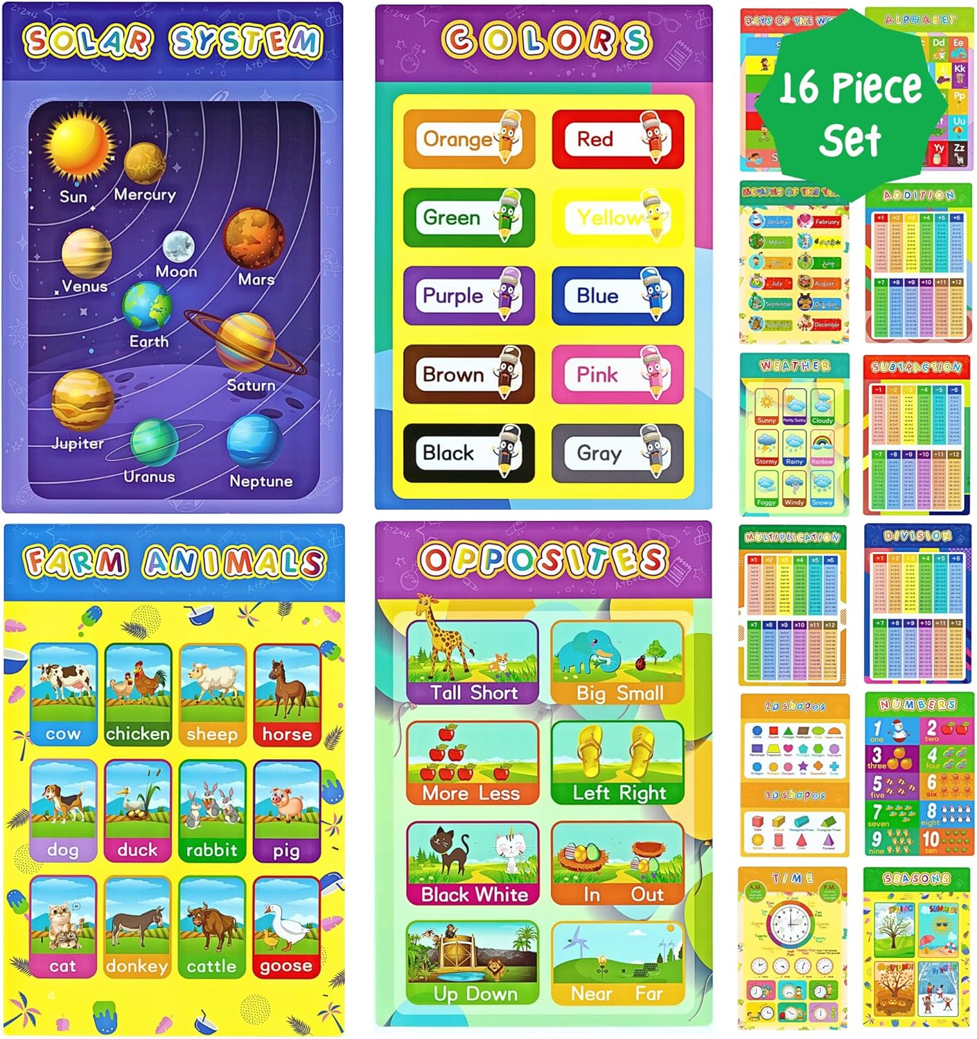 16 Educational Posters for kids 1-3 Laminated Learning ABC Chart Numbers Colors Shapes Days of The Week Preschool Kindergarten Classroom Decor Colorful