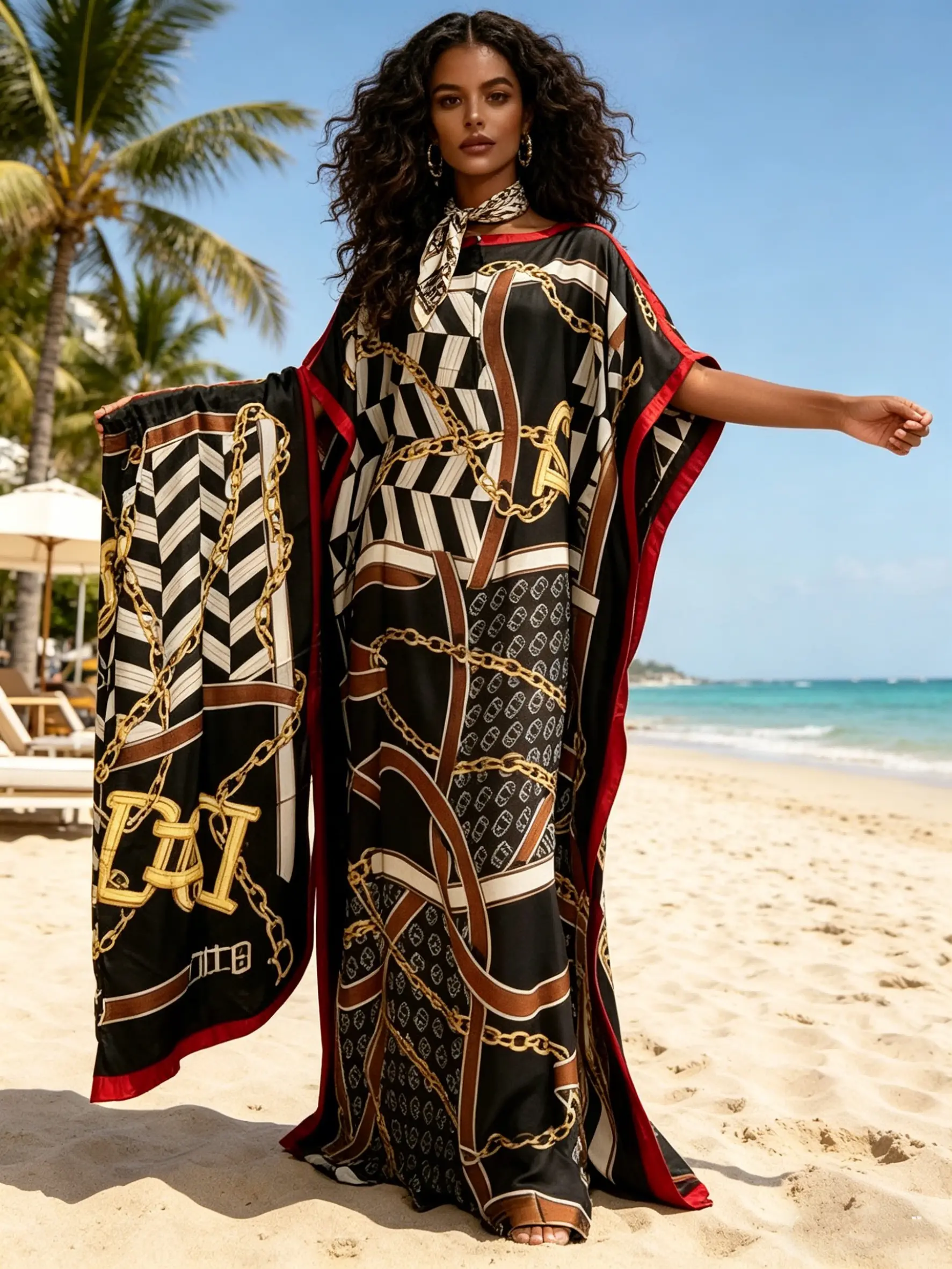 Women's Boho Style Long Dress Set with Scarf, Base Border Chain Print, Batwing Sleeve, Elegant Vacation Wear, Mother's Day Gftft