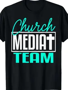 Cotton Mens Church Media Team TShirt Black with Turquoise Lettering Religious Apparel Suitable for Worship Technicians Videographers Breathable Big Tall Tee Machine Washable Gift for Church Events Productions YearRound Wear