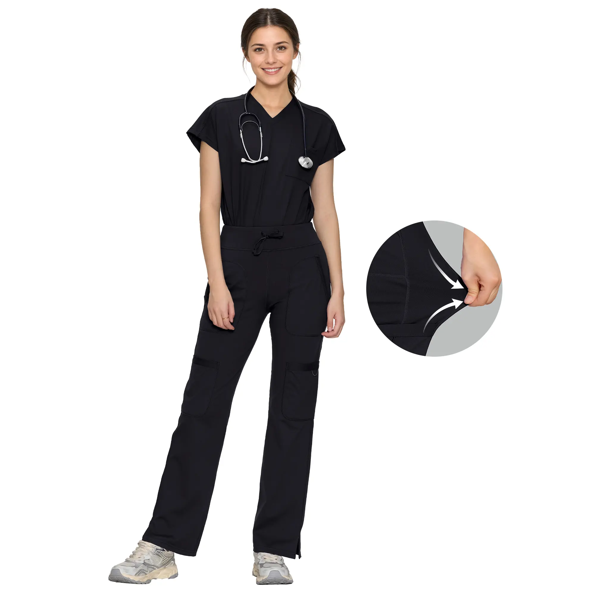 COZYSCRUBS Women's Yoga Scrubs Set Workwear Uniforms - V-Neck Batwing Sleeve Knit Top & Straight Leg Pants with 6 Pockets, Breathable Spandex-Nylon Fabric for Summer Vibes, Essential Clothes Womenswear