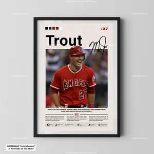 [Sale Up To 40%] [Unframe] Mike Trout Anaheim Baseball Poster, Anaheim Baseball Wall Art, Professional Athlete Portrait, Baseball Action Illustration, Modern Sports Decor Print