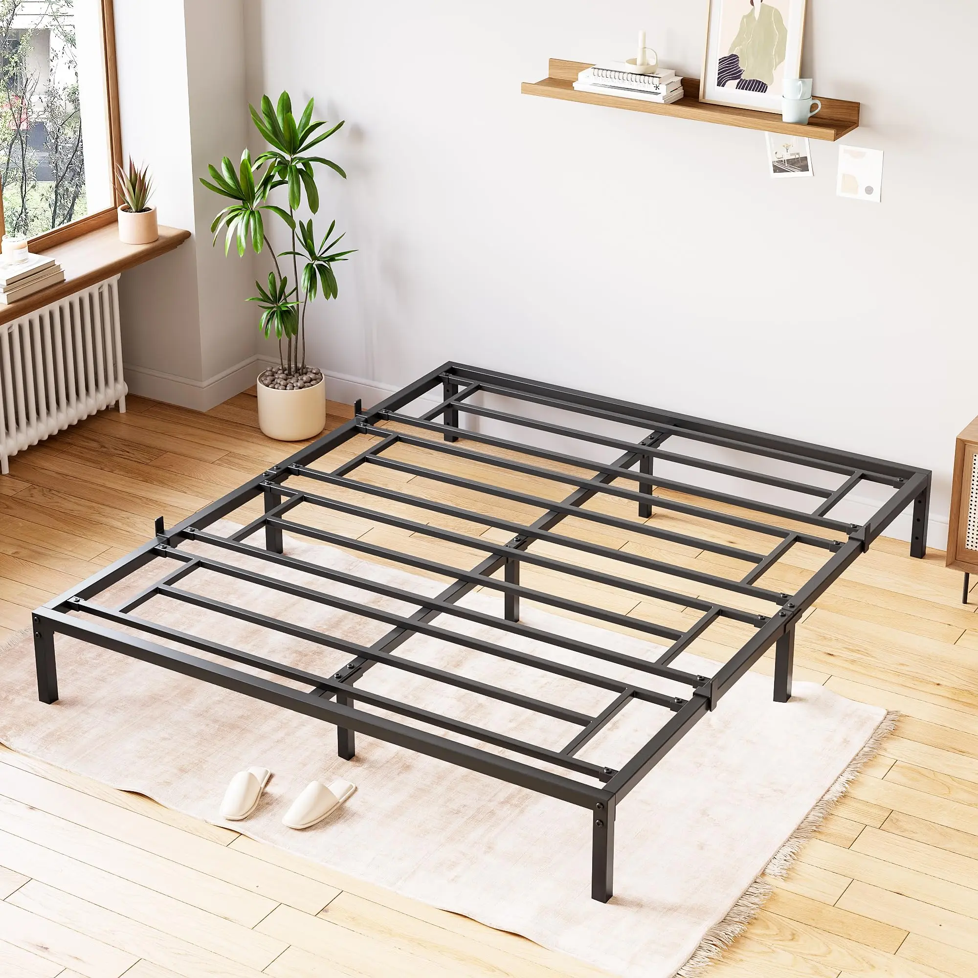 Garvee - Queen Size Metal Platform Bed Frame, Non-Slip Metal Slats without Noise, Sturdy Mattress Base with Storage Space, 800 Pounds Capacity, no