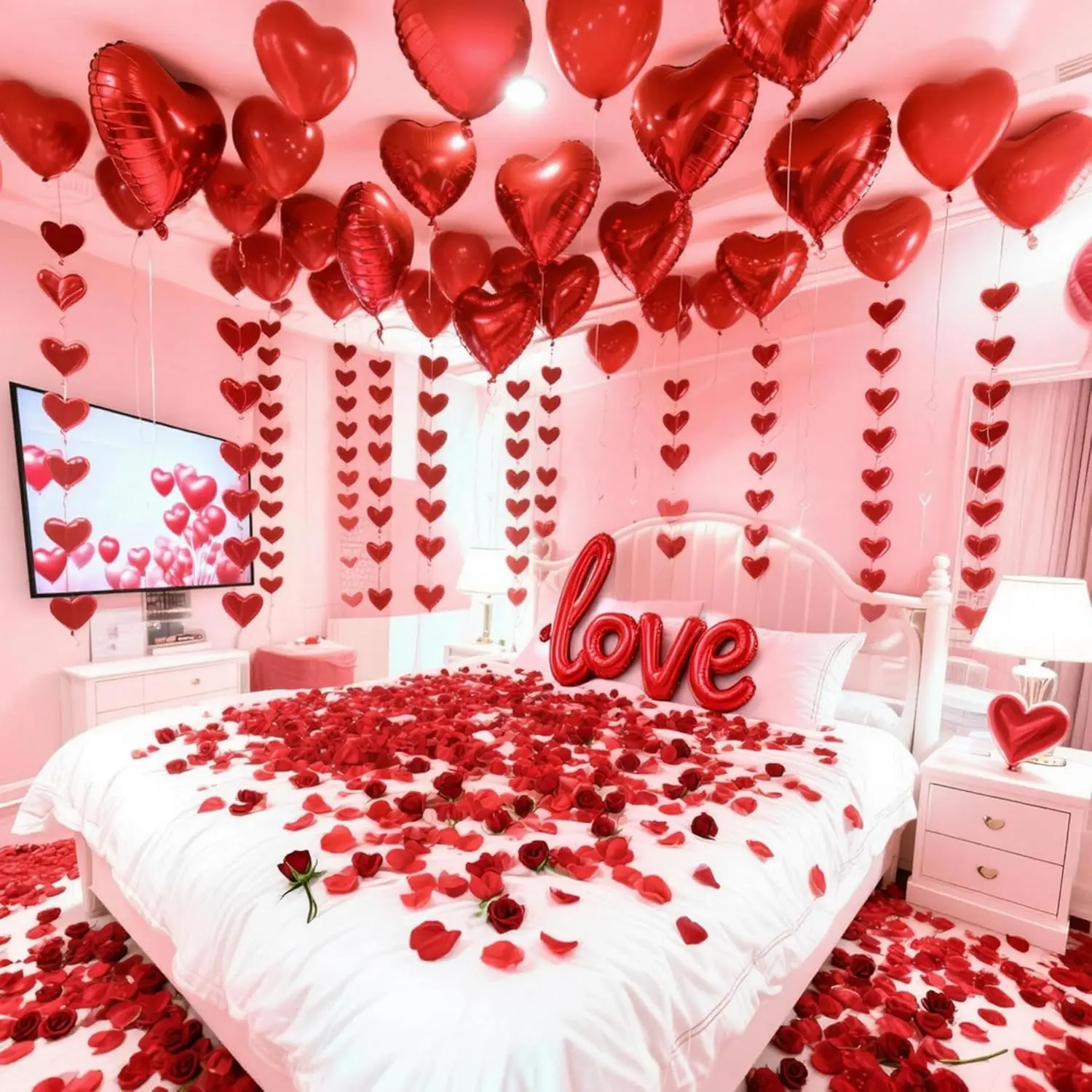 Valentine's Day Decorations Set – 1000 Rose Petals & 31 Red Heart Balloons Kit – Includes LOVE Foil Balloon & Premium Felt Heart Garland – Romantic Room Decor for Anniversary, Proposal, Wedding Night, Reusable, Latex