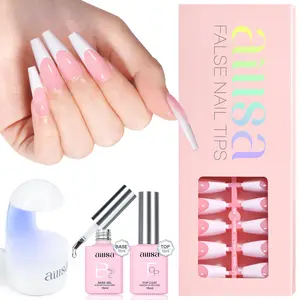 Aillsa Long Coffin French Tip Nails Set - 180pcs Sheer Pink Soft Gel Nail Tips in 15 sizes, Mini UV Lamp, Base coat and Top coat, Easy to Wear Soak Off Acrylic Fake Nails Extensions DIY Nail Art at home Christmas Birthday Gift For Women gel nail nail glue