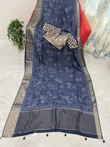Royal Indigo Bhandini Print Mysore Crepe Silk Saree with Zari Border & Stitched Blouse