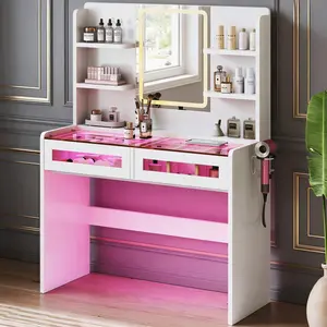 Makeup Vanity Desk with Mirror and Lights, 3 Lighting Modes & Adjustable Brightness, Makeup Dressing Table with Power Outlet, 2 RGB Drawers & Tempered Glass Top, White Vanity for Women Bedroom