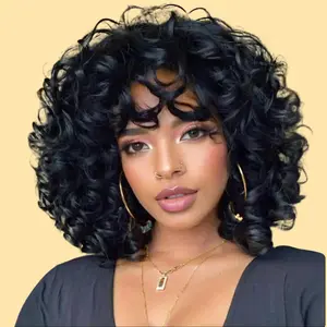 Short Curly Wigs for Black Women Soft Black Big Curly Wig with Bangs Afro Kinky Curls Heat Resistant Natural Looking Synthetic Wig for African American Women