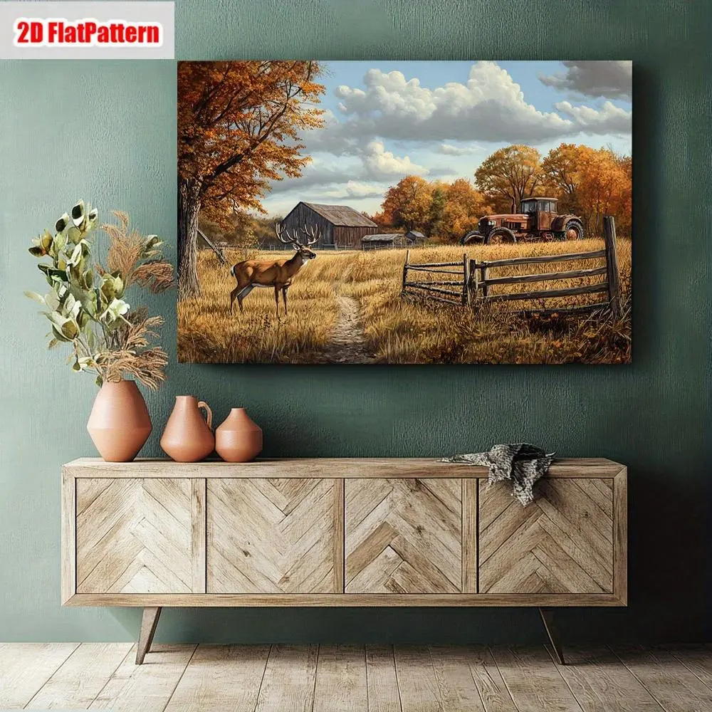 Framed Country Rustic Canvas Wall Art - Rectangular Autumn Landscape Scene Printing, Barn, Deer, Tractors, Hay Bales, Waterproof Wrapped Wooden Frame, Horizontal Home Decor for Living Room, Bedroom