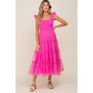 Fuchsia Smocked Mesh Ruffle Accent Maternity Midi Dress