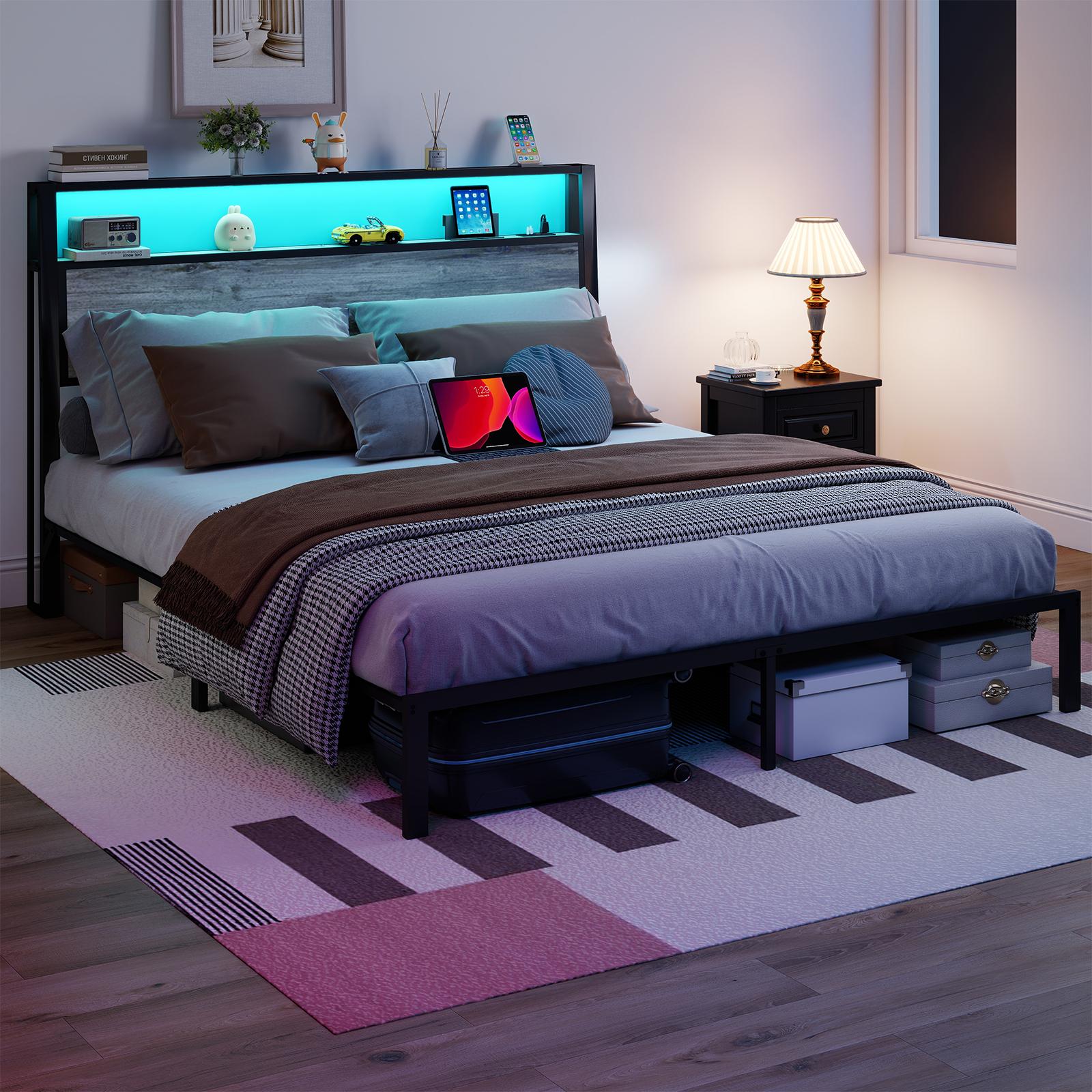 Queen Size Bed Frame with RGB LED Headboard, USB/Type-C Charging Station & Storage Shelves, Rustic Grey Metal Platform Bed, Noise-Free Easy Assembly, No Box Spring Needed (Mattress not included）