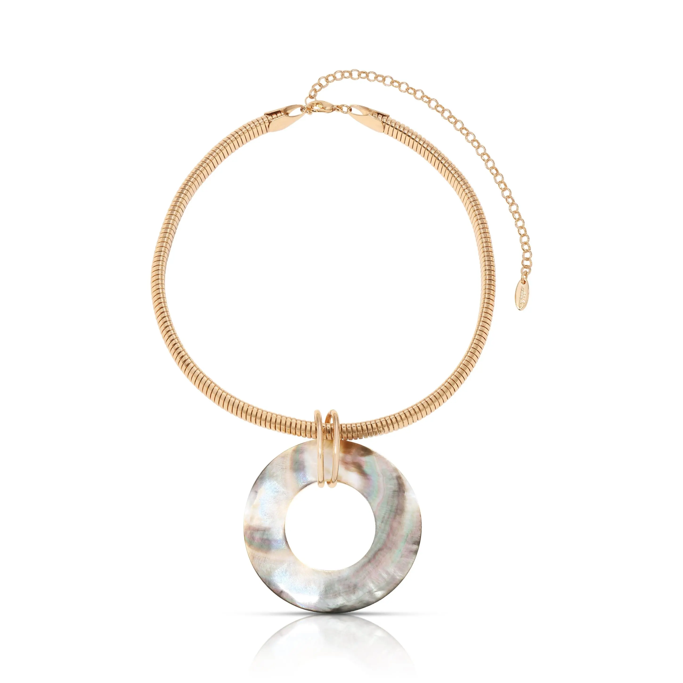 Shell Open Circle Pendant Flex Chain Necklace – 18K Gold Plated Flex Chain with Iridescent Shell | Adjustable Statement Choker Necklace for Women