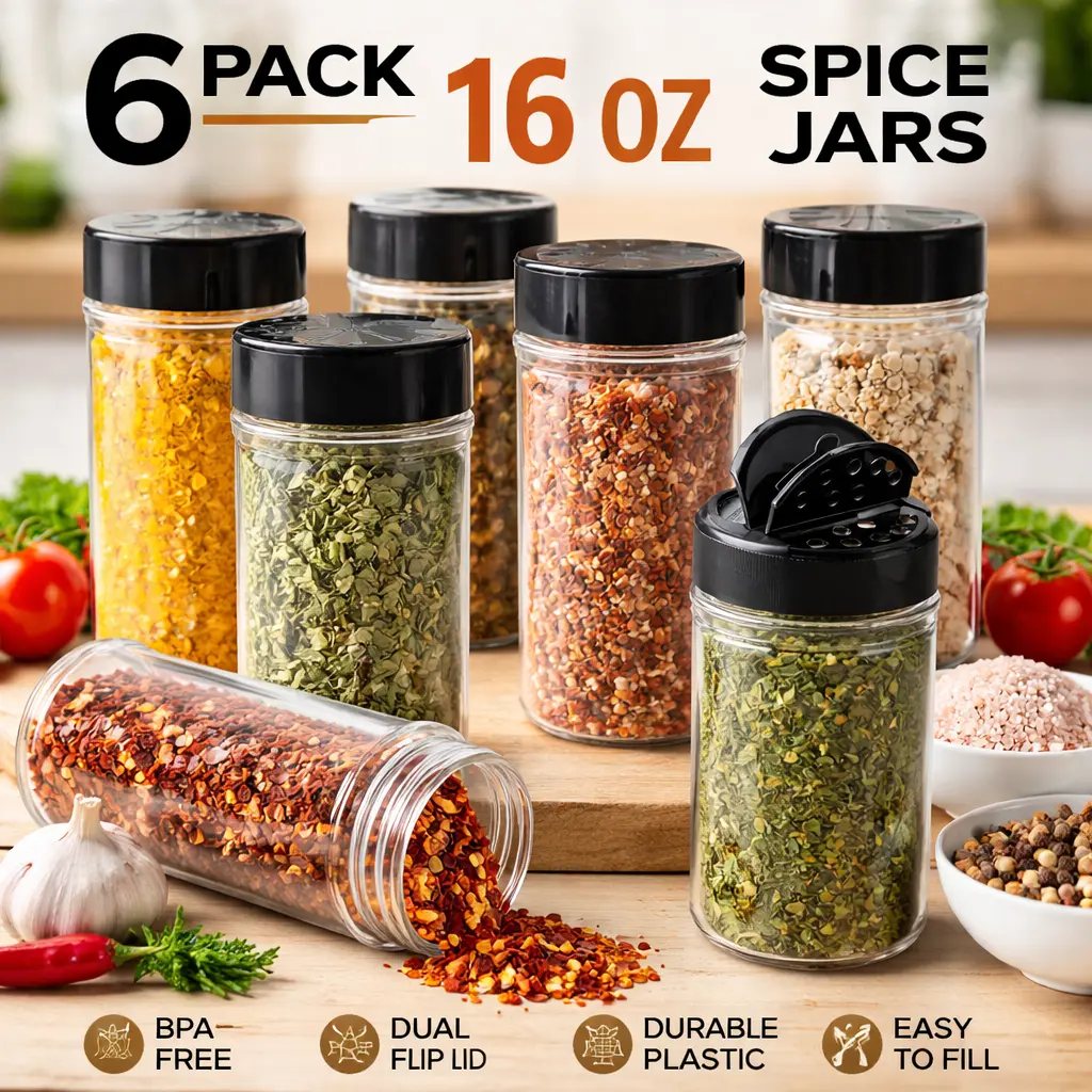 6-Pack 16oz Clear BPA-Free PET Plastic Spice Jars with Black Lined Airtight Shaker Lids, Reusable Kitchen Seasoning Containers for Herbs, Spices, Dry Food Storage