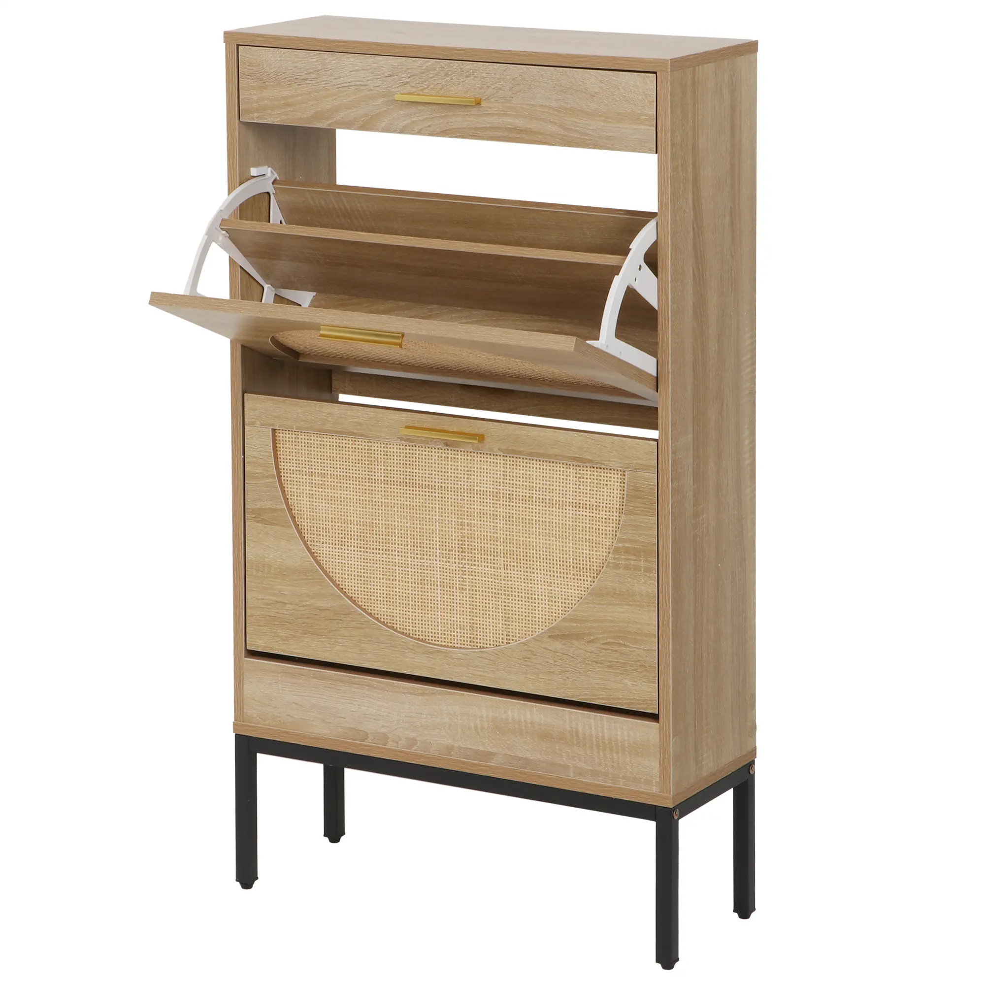 Segawe Wooden Freestanding Shoe Cabinet - Natural Traditional Geometric Design, Half-Circle Rattan Mesh Drawers, 2 Flip Drawers, Adjustable Wood-Metal Structure, Smooth Beige Cupboard Furniture, Multi-Layer Home Storage Organizer (Photo Included)