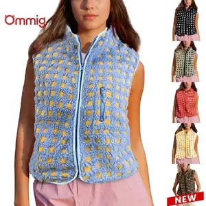 Ommig Womens Checkered Sherpa Vest Fleece Jacket Lightweight Zip Up Sleeveless Crochet Plaid Gilet with Pocket
