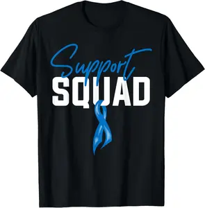 100% Cotton Colon Cancer Awareness Support Squad Blue Ribbon T-Shirt